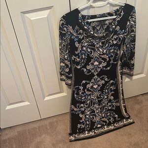 White House Black Market Black and Blue Baroque Dress